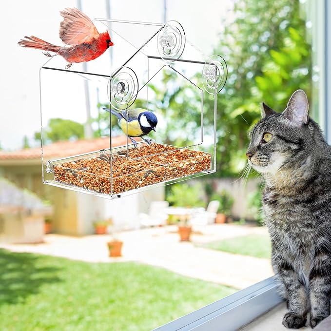 Window Bird Feeder, Suction Cup Window Birdfeeder for 6.8" Larger Viewing, Squirrel-Proof Strong Suction Cup Bird Feeder w/Self-Adhesive for Cats Outdoors
