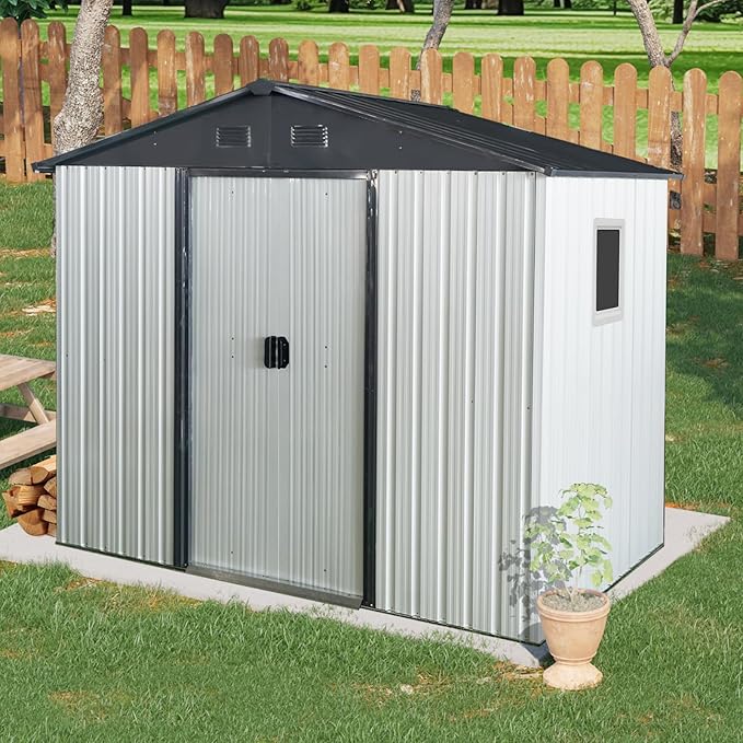 8x4 FT Outdoor Metal Storage Shed with Window, Galvanized Steel Garden Shed, Lockable Sliding Door, Sloped Roof, Ventilated Tool Storage House with Foundation Kit for Backyard Lawn, White+Black