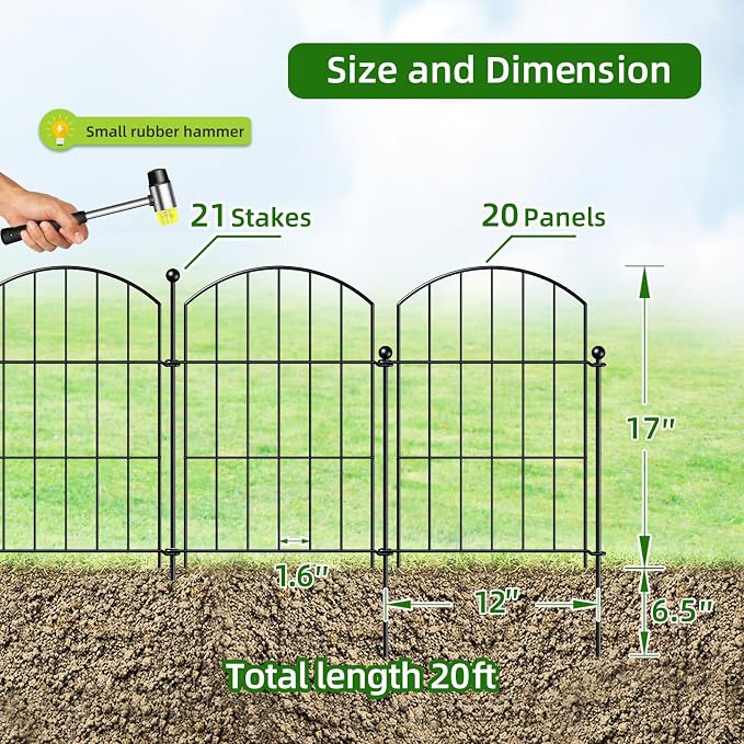 FOREHOGAR Metal Garden Fence 17in (H) x 20ft (L), 20 Panels + 21 Stakes Dog Fence Border Fence Animal Barrier, No Dig Garden Fencing for Yard Flower Bed Patio Outdoor, CTW1720 Black