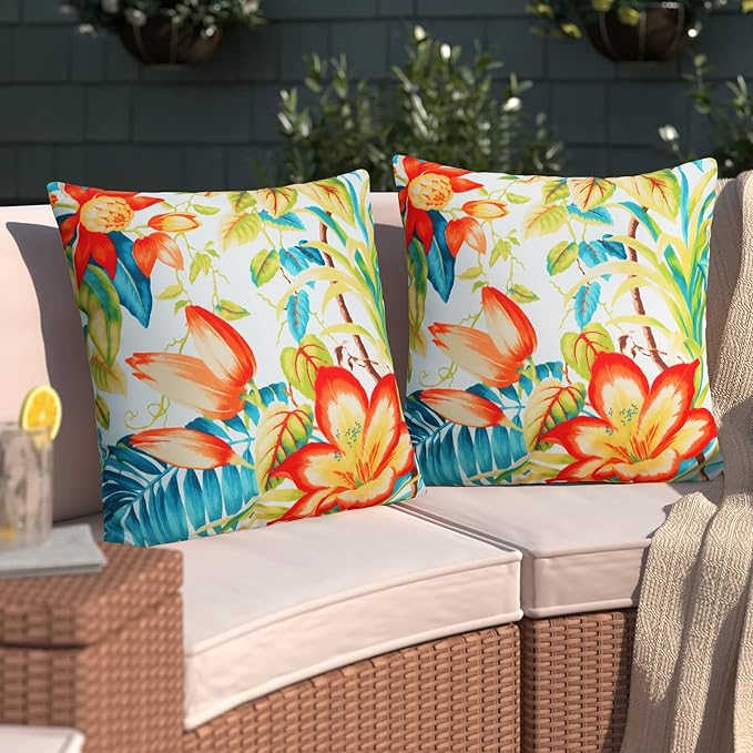 Merrycolor Pack of 2 Outdoor Pillow Covers 18x18 Waterproof Decorative Floral Square Pillowcase Cushion Cases Outdoor Pillows for Patio Furniture Garden Balcony Couch