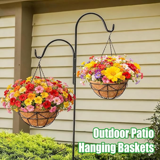 4 Pack 12 Inch Heavy Duty Hanging Basket Outdoor Metal Hanging Planters with Coco Coir Liners Black Hanging Flower Baskets for Outdoor Plants Patio Porch Balcony Garden（Geometric）