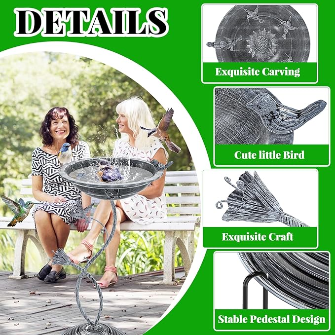 Bird Bath Garden for Outside, Vintage Metal Birdbaths Bowl with Roman Pedestal for Outdoors, Standing Bird Bath Bowl Birdfeeder for Yard Lawn Decor (Vintage Silver - Hummingbird)