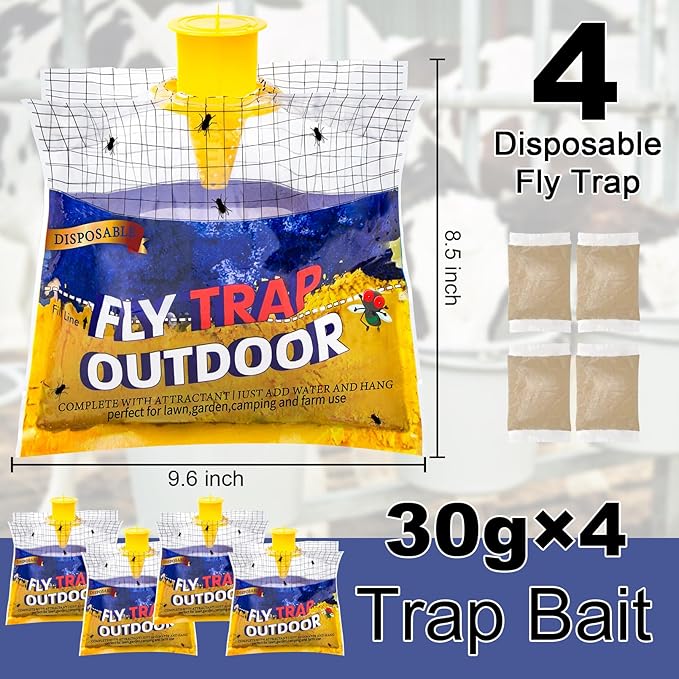 Disposable Fly Traps 4 Pack Bags Outdoor, Flies Catcher Traps with Natural Pre-Bait Refill Repellent, Reusable Stable Horse Ranch Trapper Outdoor Hanging Fly Killer Helps Control Flies