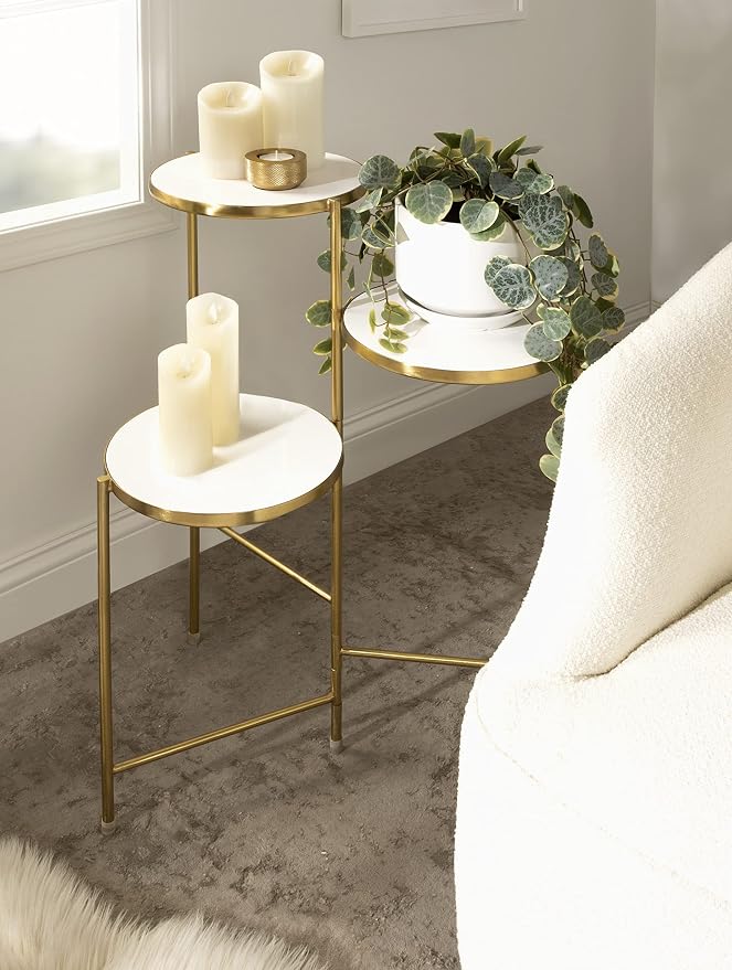 Kate and Laurel Fields Modern Tri Level Plant Stand; White and Gold; 10 x 10 x 30; Decorative Wood and Metal Multi Tiered Planter