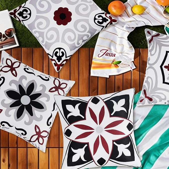 Pyonic Black White Gray Outdoor Pillows Waterproof Throw Pillow Covers Set of 4 Floral Printed and Boho Farmhouse Outdoor Pillow Covers for Patio Funiture Garden 18x18 Inch