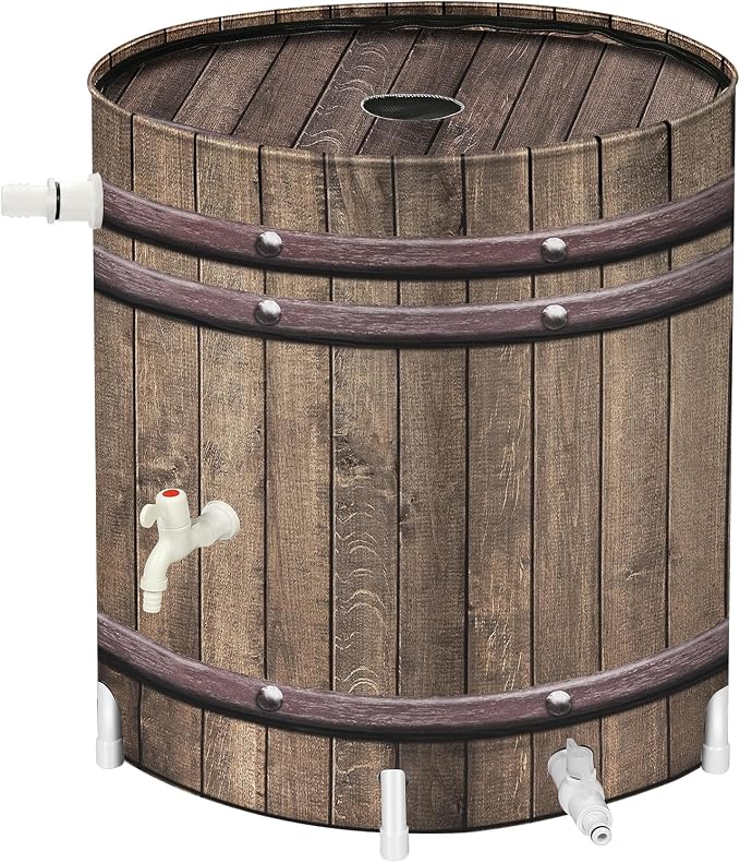 PAETAE Collapsible Rain Barrels, 50 Gallon Rain Water Collection Barrel, Rain Catcher Barrels to Collect Rainwater from Gutter, Leak-Proof Design, Woodgrain