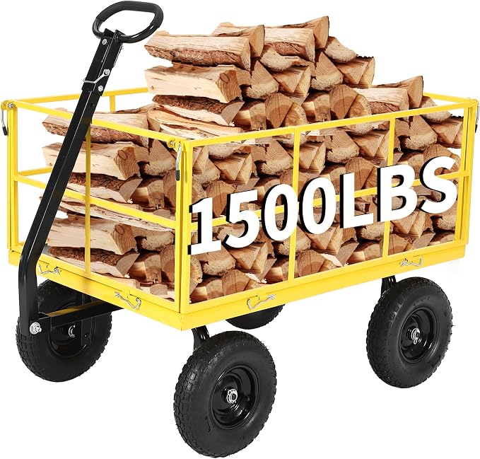 Heavy Duty 1500 Lbs Steel Garden Cart – 3-in-1 Utility Wagon & Trailer with Removable Mesh Sides, 13" All-Terrain Tires, 180° Rotating Handle for Lawn, Yard, Gardening Tasks, Outdoor Hauling