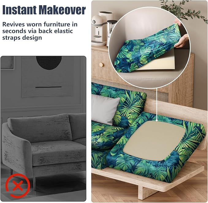 8Pcs Patio Stretch Cushion Covers, Outdoor Couch & Sofa Replacement Slipcovers for Patio Furniture Cushion Covers, Washable Reusable Furniture Protector, Square Large, Rainforest