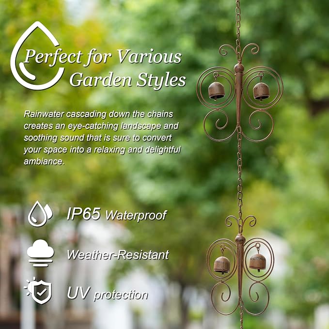 Glitzhome 8.5 FT Rain Chains for Gutters, Butterfly Bells Faux Copper Finish Rain Chains for Outside, Adjustable Rain Catcher Chain with V-Shaped Gutter