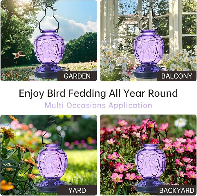 Glass Hummingbird Feeder for Outdoors Hanging,24Ozs Humming Bird Nectar Feeder Perch,5 Flower Feeding Ports, Leak Proof Base and Hook for Outside Garden Backyard Decor, Gifts for Women Mom,Purple