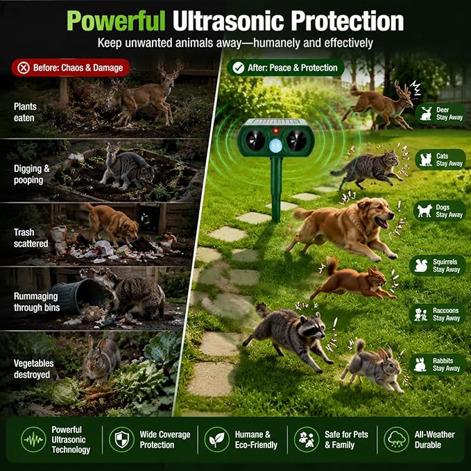 2 Pcs Upgraded Solar Animal Repellent Ultrasonic Outdoor for Cats Squirrels Racoons Rabbits Foxs Dogs Skunks Deer Repellent Devices Waterproof Motion Sensor Animal Repeller Deterrent for Yard Garden