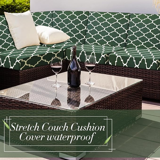 Newwiee 4 Pcs Waterproof Outdoor Cushion Covers for Patio Furniture Stretch Outdoor Couch Cushion Covers Replacement Moroccan Pattern Chair Seat Sofa Slipcovers Soft Flexibility Protector(Dark Green)