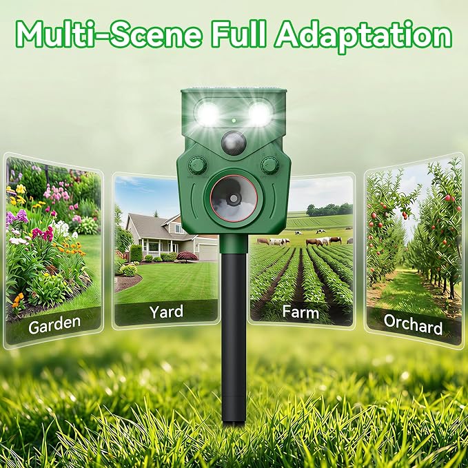 Ultrasonic Animal Repeller Solar Powered Ultrasonic Deer Repeller Motion Sensor Cat Deterrent 2 Pack Fox Squirrel Dog Deterrent Device with 5 Modes and Flashing Lights Outdoors Yard Lawn Farm Garden