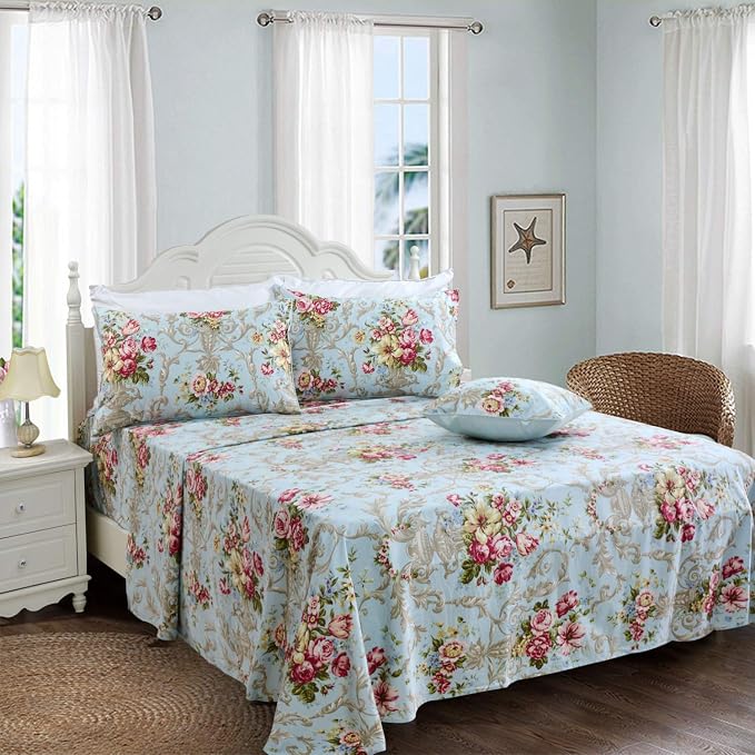 FADFAY Shabby Floral Bedding Elegant Peony Sheets Set Luxury Bedding Collections 800 Thread Count 100% Egyptian Cotton Deep Pocket, 4 Piece-Twin Size