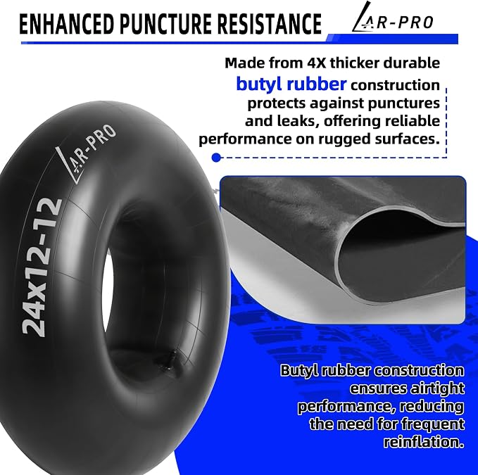 AR-PRO Relacement 24x12-12 Heavy-Duty Inner Tubes for ATV, Lawn Tractor, Mowers, Golf Cart, Snow Blowers, and More - With TR13 Straight Valve Stems - Made from Durable Butyl Rubber (2-Pack)