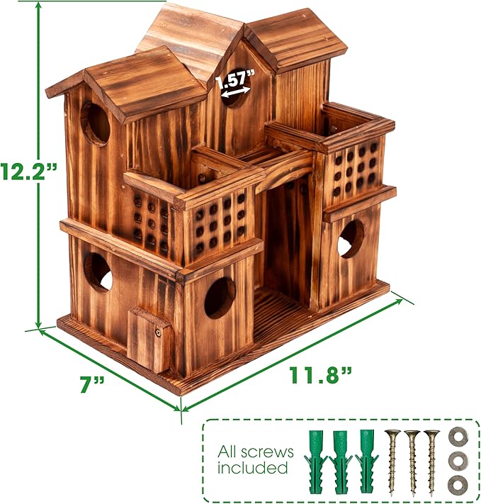 MIXUMON 8-Room Wooden Bird House with 2 Front Feeders – Large Outdoor Birdhouse for Multiple Birds, 1.57” Entrance Holes, Easy Access Cleaning Doors, Rustic Burnt Wood Design for Garden, Yard & Patio