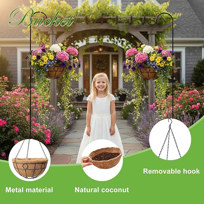 Classic Round Wire Hanging Basket 4 Packs 14 Inch Deep Coco Liner Water-Absorbing All-Weather Garden Deck Hanging Planter with Chain Flower Pot