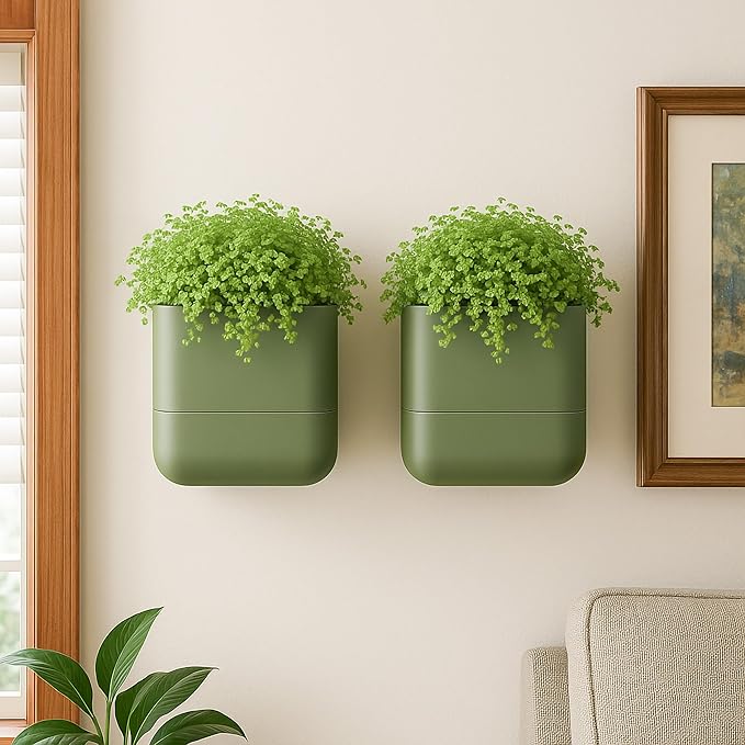 Phoenix Vine 6.5 Inch Wall Mounted Self-Watering Planter Pot for Indoor Houseplants and Herbs | Hanging Planter for Window Sills, Bathroom Walls, Home & Office Décor, Olive, Set of 2, 01-C-F-2