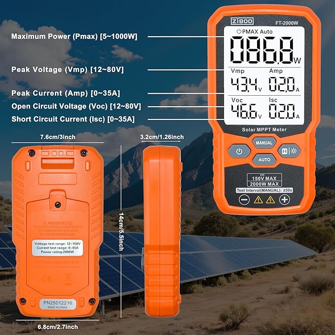 ZIBOO FT-2000W Solar Panel Tester MPPT Meter - 2000W Max Power, 150V/35A PV Module Tester for Voc/Isc, Open Circuit Voltage & Short Circuit Current, with Backlight & Data Hold