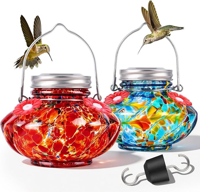 BOLITE Hummingbird Feeders for Outdoors, Hand Blown Top Fill Hummingbird Feeder, Mason Jar with 4 Flower Feed Ports, Easy to Clean, Leak Proof, Bee Proof, Ant Moat, Red&Blue, Gift for Bird Lovers
