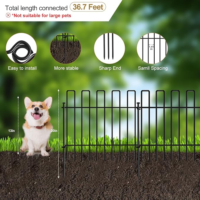 10 Panels No Dig Animal Barrier Fence, 13in(H) x 14ft(L) Garden Edging Border Fencing, Rustproof Metal Stakes Decorative Garden Fence, Dog Digging Defense Fencing Barrier for Outdoor, Yard, Patio