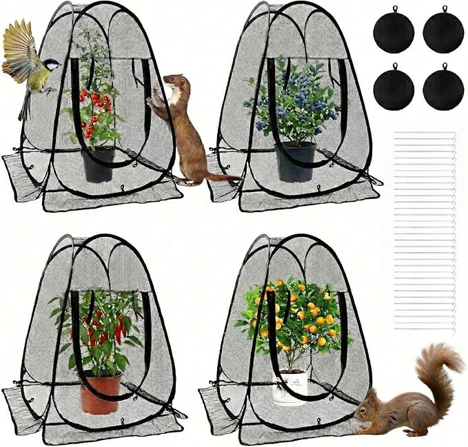 4 Pack Pop Up Plant Protectors, No Assembly 28"x28"x32" Mesh Garden Tents with 32 Stakes, All-Terrain Windproof Guard for Vegetables, Fruit Trees & Raised Beds, Value Bundle