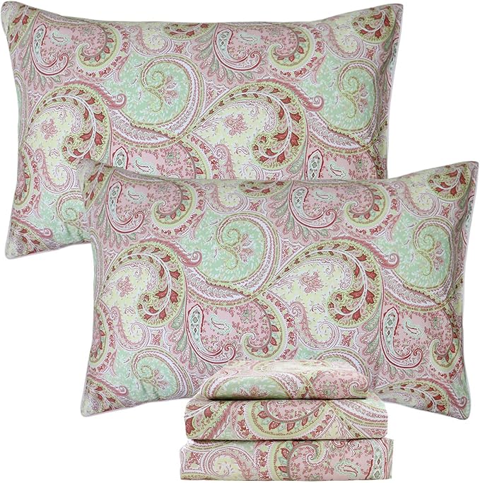 FADFAY 4 Piece Pink Paisley Bed Sheet Set Luxury Bedding Sets Designer Bedding Collections 800 Thread Count 100% Egyptian Cotton Deep Pocket Full