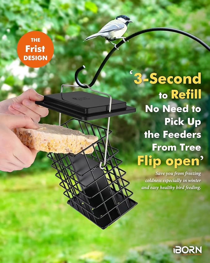 iBorn Double Suet Feeder,Suet Cake Cage Bird Feeder for Outdoors Hanging Easy-Clean & Refill,Black（Pack of 1）+ Hummingbird Feeder with 14 Bee Guard Ports,13 OZ,Red,2 Pack
