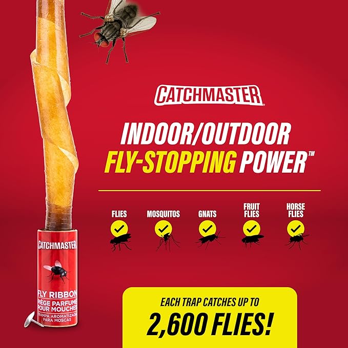 Catchmaster Fly Ribbon 96-Pack, Bug & Fruit Fly Traps Outdoor and Indoor, Premium Adhesive Sticky Fly Strips & Gnat Hanging Strips, Bulk Flying Insect Paper Rolls, Pesticide-Free Home Pest Control