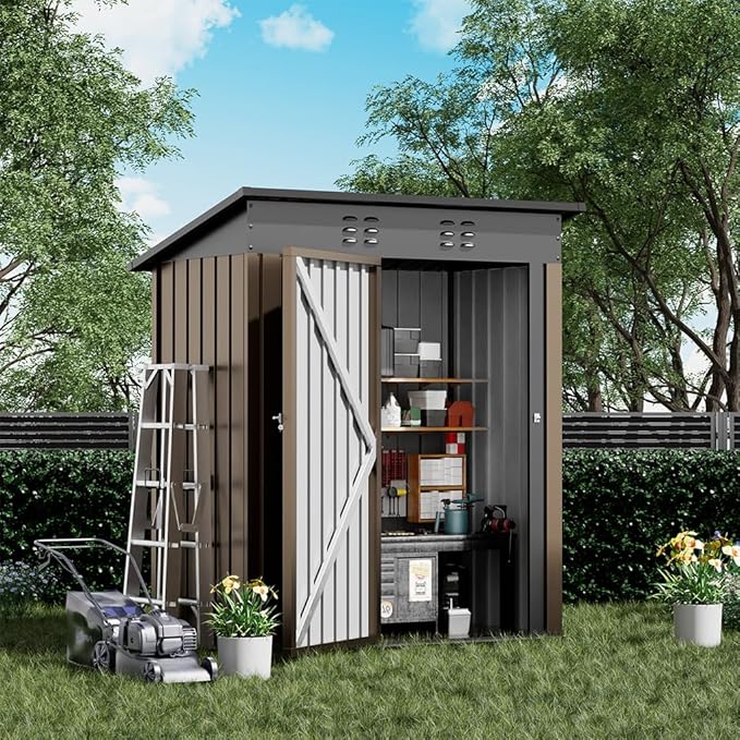 COMHOMA Shed Outdoor Storage Shed Metal,Lockable Doors Tool Sheds with Sloping Roof,Steel Garden Shed with Air Vent for Backyard,Patio,Lawn,Poolside(Brown,5'*3')