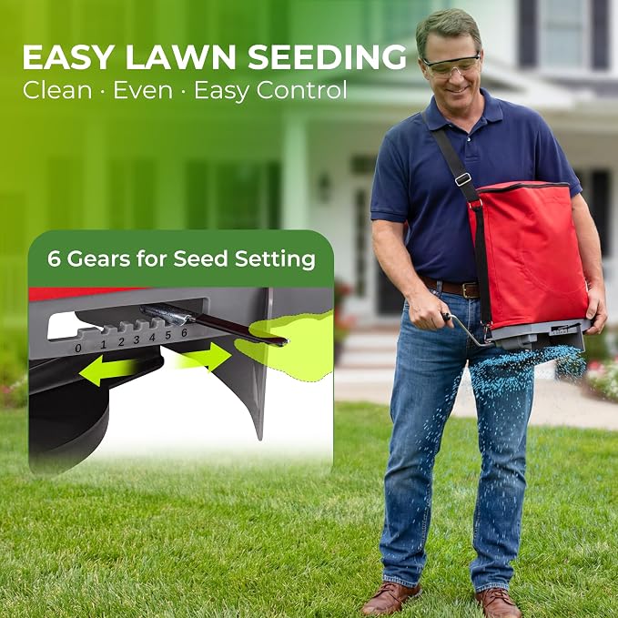 Walensee 25lb Handheld Bag Seed Spreader with Enclosed Metal Gears, Rear Baffle, Adjustable Flow Control, Durable Oxford Bag, Shoulder Strap, for Grass Seed and Fertilizer, Red