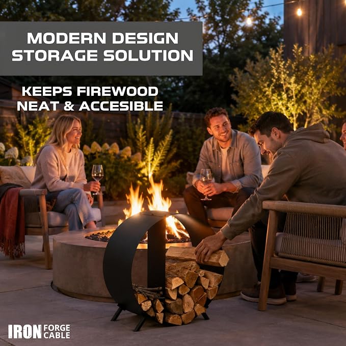 Iron Forge Tools Firewood Rack Outdoor Indoor Fire Wood Rack - 24 in. Circular Fire Log Holder, Powder Coated Steel Heavy Duty Firewood Holder Wood Storage with Cover
