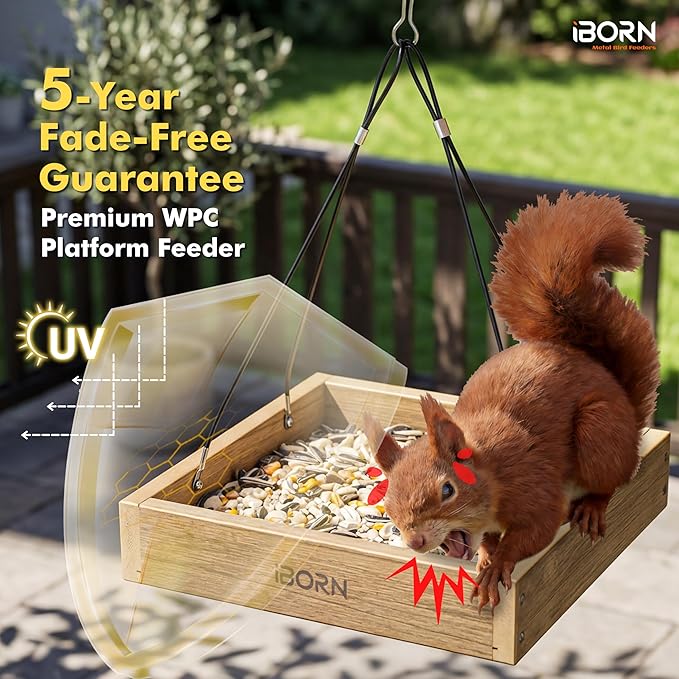 iBorn Platform Bird Feeder Tray, Chew Proof Bird Feeders for Outdoors Hanging, Flat Birdfeeder Tray with Large Capacity 3LBS, WPC Recycled Plastic & Cedar Look, Waterproof, 10.5"x10.5", Raw