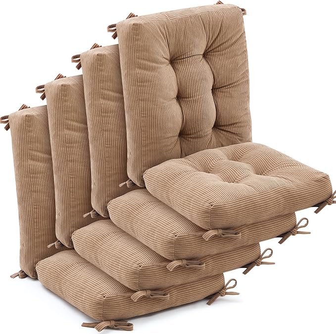 Juexica 4 Set Outdoor Patio Chair Cushions Corduroy Seat High Back Tufted Pillow Replacement Rocking Chair Cushions Patio Chair Pads for Autumn Winter Seasonal Indoor Home Office (Khaki)