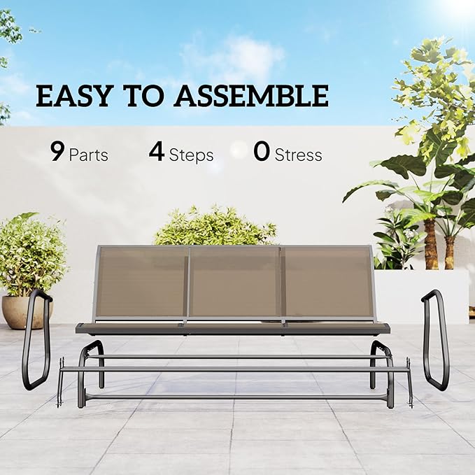 Outsunny 3-Person Patio Glider Bench, Outdoor Porch Glider Swing with 3 Seats, Breathable Mesh Fabric, Metal Frame, Light Mixed Brown