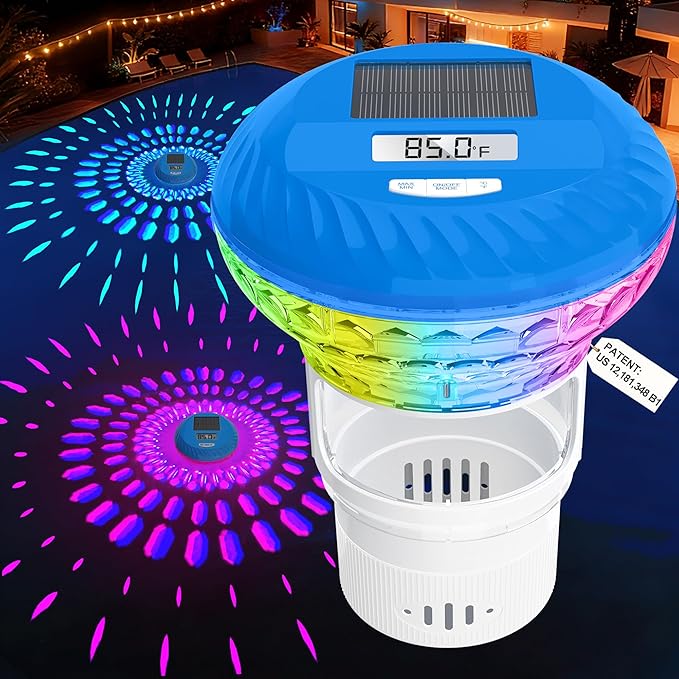 2026 Upgraded Pool Chlorine Floater with Thermometer, Digital Screen Pool Chlorine Floater,Solar Pool Chlorine Floaters with Light, Button Control Floating Chlorine Dispenser for Pool (White)