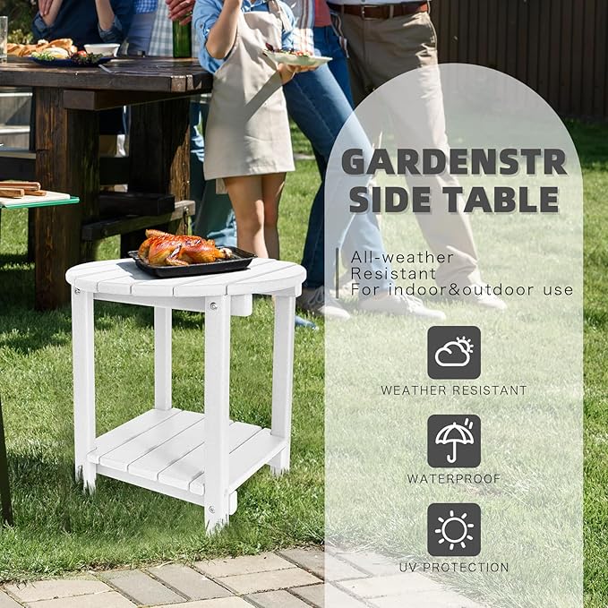 GARDENSTAR Adirondack Round Outdoor Side Table 2-Tier Storage Patio Side Table, HDPE End Tables for Backyard Pool Porch Garden Lawn (White)