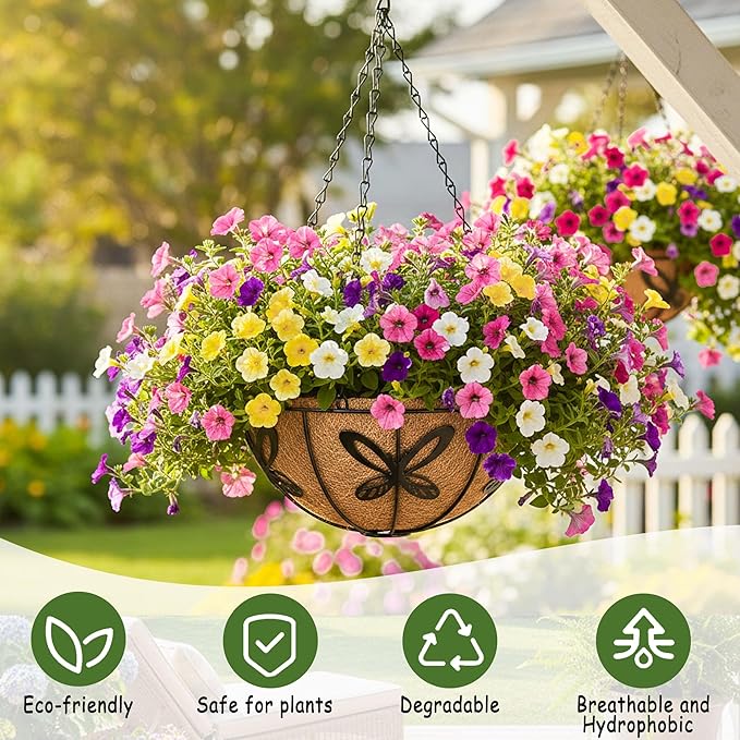 4pcs 14 inch Metal Hanging Baskets Round Wire Plant Stand with Coco Lining Cushion Decorative Planter Hanger Garden Indoor Outdoor Watering Hanging Basket （HD）