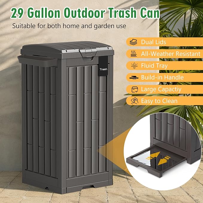 Outdoor Trash Can, 30 Gallon Garbage Can with Tiered Lid and Drip Tray, Waterproof Resin Waste Bin for Patio, Garden, Backyard, Deck, Brown