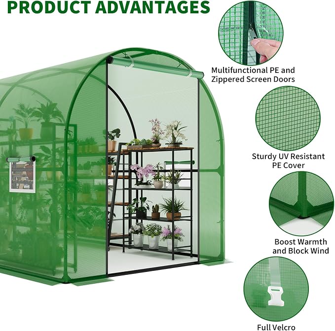 GarveeHome 6.6X8.2x6.6 Tunnel Greenhouses, Heavy Duty Walk-in Greenhouse for Outdoors with PE Cover, Instant Pop-Up Sturdy Metal Frame Hoop House with Zippered Roll-Up Door &4 Ventilated Mesh Windows