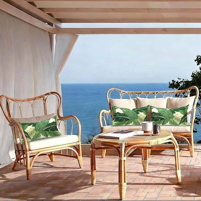 LVTXIII Set of 2 Patio Lumbar Pillows, 12”x20” Fade Resistant Outdoor Lumbar Pillow with Inners, Fluffy Decorative Garden Lumbar Cushions for Home Patio Coach Sofa Use, Swaying Palms Green