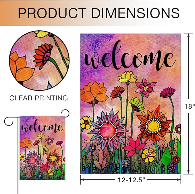 Hzppyz Welcome Spring Summer Watercolor Garden Flag Double Sided, Flowers Decorative House Yard Lawn Outdoor Small Burlap Flag Vintage Sunflower Decor Farmhouse Seasonal Outside Decorations 12 x 18