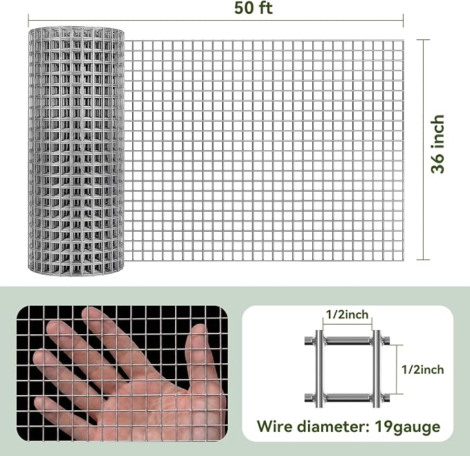 Amagabeli Hardware Cloth 1/2 inch 36inx50ft 19 Gauge Chicken Wire Fence Hot-Dipped Galvanized After Welding Wire Mesh Roll for Vegetable Garden Fencing Plant Supports Poultry Netting Cage Snake Gopher