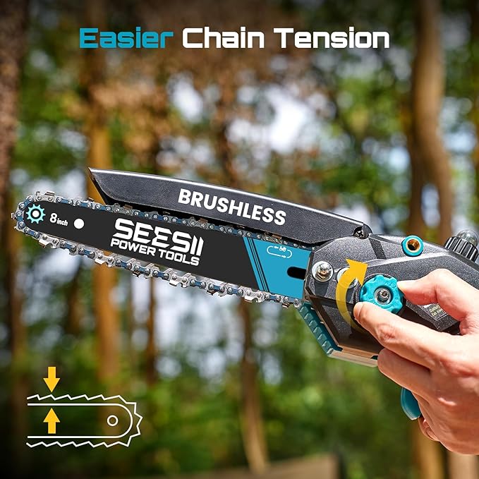 Seesii Mini Chainsaw Cordless, 8 Inch & 6 Inch Electric Chainsaw with 2 Batteries & Auto Oiler, 1000W Brushless Handheld Chain Saw for Tree Branch Wood Cutting, Garden Tools Gift for Men Dad Husband