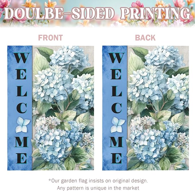 Hydrangea Garden Flags Welcome Spring Summer House Banners Blue Floral Oversized Yard Flag for Outside Double Side Purple Hydrangeas Flowers Rustic Banner Decor Large Size 28 x 40 Inch