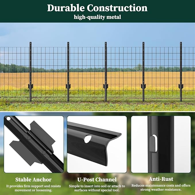 10 Pack Metal Garden Fence Posts 5 FT Black – Heavy Duty U-Post for Wire Fencing, No-Dig Fence Stakes for Temporary Fencing, Corner Anchor Posts, Rustproof Powder-Coated Steel for Farm, Yard & Garden | Heavy-Duty