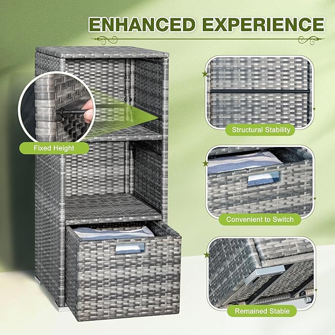 Greesum Rattan Storage Shed, Outdoor Towel Rack with 2 Storage Shelves & 1 Bottom Drawer, Suitable for Pool Patio Garden Deck, Grey