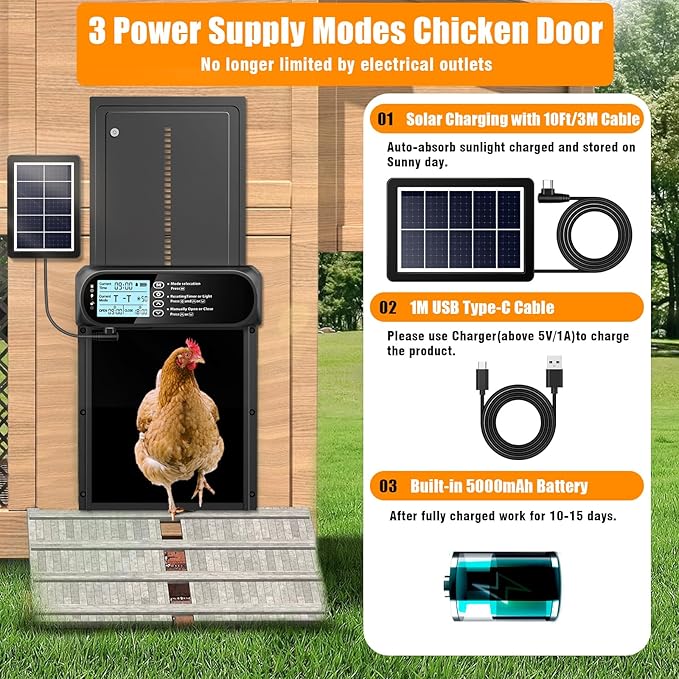 Automatic Chicken Coop Door Solar Powered, LCD Screen Electric Auto Chicken Coop Door with Timer & Light Sensor, Aluminum Rechargeable Automatic Chicken Door Opener with Remote Control & 4 Modes