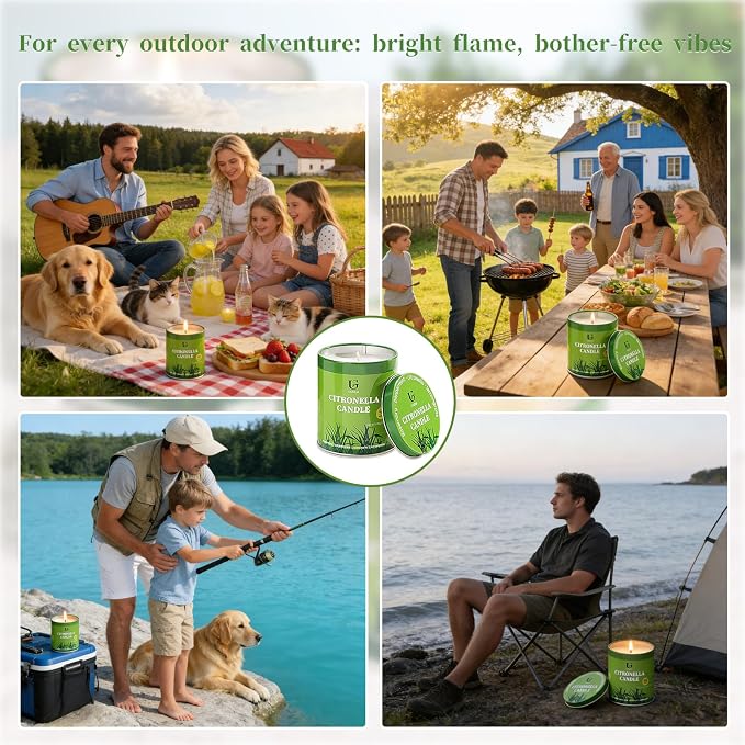 Citronella Candles Outdoor (9oz, 4 Packs) Natural Soy Wax Camping Candles, 50 Hours Long Burn Time, Plant-Based Essential Oil Large Lemongrass Candle for Patio, Deck, Garden, Backyard, Home Indoor