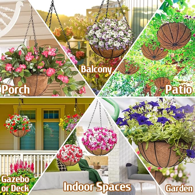 ZeeDix 2 Pack 14 Inch Hanging Baskets for Plants Outdoor, Metal Wire Round Planters with Coco Liner, Hanging Flower Baskets for Home Garden Porch Balcony Railings Decor